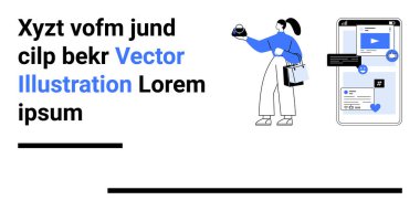 Alışveriş torbası tutan bir kadın satın almak için telefon uygulaması kullanıyor. Büyük akıllı telefon ekranı e-ticaret arayüzü gösteriyor. Teknoloji, alışveriş, iş, finans, pazarlama, e-ticaret, daire için ideal