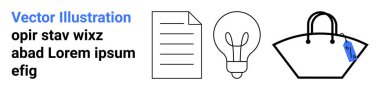 Belge kağıdı, parlayan ampul ve etiketi en az olan el çantası. Yaratıcılık, alışveriş, perakende, yenilik, beyin fırtınası, organizasyon iş temaları düz iniş sayfası afişi için idealdir