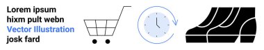 Alışveriş arabası, hızlı servis için oklu saat, moda için siyah ayakkabılar. E-ticaret, dağıtım, alışveriş, lojistik, moda pazarlama perakende hizmetleri için ideal. Düz iniş sayfası pankartı