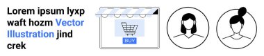 Çevrimiçi alışverişi sembolize eden el arabası düğmeli dijital mağaza önü. Minimalist tarzda iki kullanıcı avatarı içerir. E-ticaret, perakende, pazarlama, kullanıcı arayüzü, dijital hizmet, iş için ideal