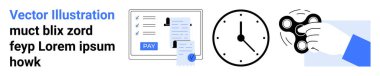 Ödeme arayüzü, zaman yönetimi için duvar saati, ilgili el çevirme aracı. Üretkenlik, finans, zamanlama, stres, dijital araçlar, gevşeme soyut çizgi düz metaforu için idealdir