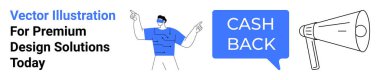 Kendine güveni olan biri konuşma balonunda nakit para dolu metni işaret ediyor. Megafon da duyuruyu temsil ediyor. Pazarlama, satış promosyonları, e-ticaret, ödüller, markalaşma, iletişim, modern daire için ideal
