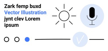 Stilize güneş, mikrofon ve çeşitli etkileşimli elementler. Dijital arayüzler, medya kontrolleri, çevrimiçi hizmetler, teknik çözümler, yaratıcı projeler modern sanat ve web sitesi tasarımı için idealdir. İniş