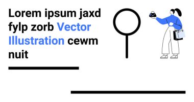 Mavi bluzlu kadın çanta ve küreyi tutarken büyüteç ve metin elementleri baskın. Keşif, arama, analitik, teknoloji, eğitim, araştırma, minimalizm temalı daire için ideal