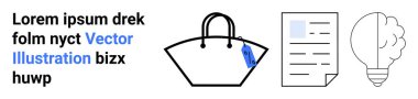 Fikirleri, iş planlamasını, yaratıcılığı, perakendeciliği, organizasyonu, yenilik pazarlamasını temsil eden fiyat etiketi, belge ve ampullü alışveriş torbası. İşletme web sitesi iniş sayfası için ideal