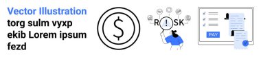Dolar işareti, riskleri değerlendiren kişi ve online ödeme formu. Finans, risk yönetimi, bankacılık, yatırımlar, e-ticaret, karar verme ve soyut çizgi düz metafor için ideal