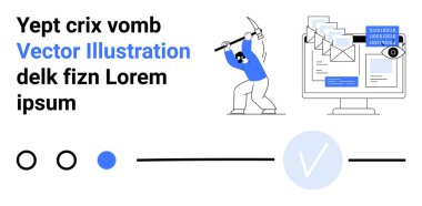 Bilgisayardan dijital veri çıkarmak için kazma kullanan biri. Uçan posta simgeleri, kontrol işaretleri ve arayüz ögeleri. Veri madenciliği, analitik, siber güvenlik, teknoloji, yazılım iletişimi için ideal