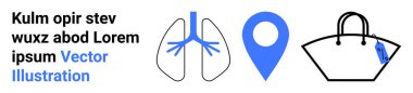 Akciğerler, lokasyon iğnesi ve el çantası ana hatları minimum düzeyde. Sağlık, navigasyon, perakende, alışveriş, yaşam tarzı seyahati ve lojistik temalar için ideal. Düz iniş sayfası pankartı