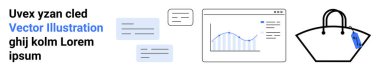 Grafik ekran arayüzü, metin sohbet kartları, etiketli el çantası simgesi. Analiz, mesajlaşma uygulamaları, moda endüstrisi, e-ticaret, teknoloji, düz iniş sayfası afişi için ideal