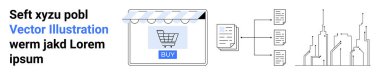 Alışveriş arabasıyla mağaza önü arayüzü, dijital veri akışı şeması ve kentsel gökdelen ağı görselleştirmesi. E-ticaret, veri yönetimi, teknoloji, kentleşme, bağlantı, yenilik için ideal