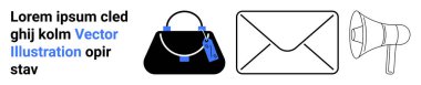 Etiketli el çantası, zarf, megafon ticareti, e-postalar ve duyurular. Markalaşma, pazarlama, moda, e-ticaret iletişim terfileri düz iniş sayfası afişi için ideal