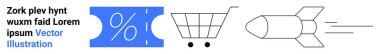 Mavi indirim etiketi, basit alışveriş arabası ve hız roketi. Perakende satış, e-ticaret, indirimler, promosyonlar, hızlı teslimat çevrimiçi alışveriş girişimi büyümesi için ideal. Soyut çizgi düz metafor