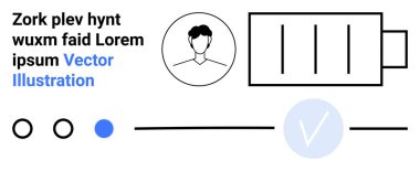 Bir pil sembolüne bağlı profil avatarı, enerji ya da şarj seviyesini gösterir. Dairesel düğmeler ve bir ilerleme kontrol işareti içeriyor. Kullanıcı arayüzü, profiller, enerji, teknoloji ve ilerleme için ideal