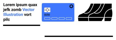 Ayarlar simgesi, metin ögeleri ve geometrik tasarımı olan soyut dijital kredi kartı. Fintech, teknoloji, bankacılık, e-ticaret, inovasyon UXUI markası için ideal. Mükemmel düz iniş sayfası afişi