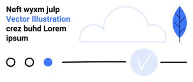 Bulut simgesi, mavi yaprak, kontrol işareti, metin elemanları, daireler, minimalist bir düzende çizgiler. Web tasarımı, bulut hizmetleri, modern temalar dijital çözüm sunumları için idealdir
