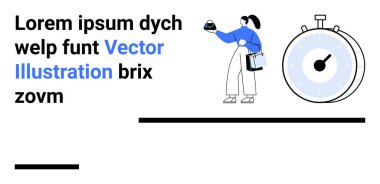 Bir kadın kronometrenin yanında bir nesne tutuyor. Metin elementli modern tasarım. Zaman yönetimi, perakende satış, üretkenlik, e-ticaret, pazarlama, planlama, düz iniş sayfası afişi için ideal