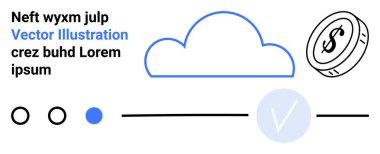 OCR metni, bozuk para simgesi, seçim noktaları olan ilerleme çubuğu ve işaretli bulut ana hatları. Bulut depolama, dijital işlemler, veri yönetimi, teknoloji, işletme finans ağı için ideal