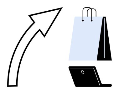 Alışveriş torbası ve dizüstü bilgisayarın yanındaki yukarı ok çevrimiçi alışveriş büyümesini, dijital ticaret eğilimlerini ve perakende başarısını temsil ediyor. Pazarlama, satış, yenilik, kolaylık, teknoloji ve iş için ideal