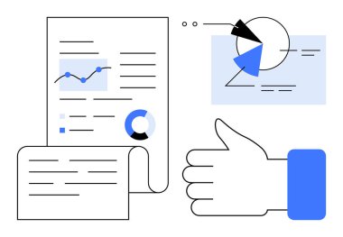 Grafikler, grafikler ve analizlerin yer aldığı belgeler onaylanmayı sembolize ediyor. Analiz, raporlama, sunumlar, geri bildirim, veri paylaşımı, takım çalışması düz metaforu için ideal