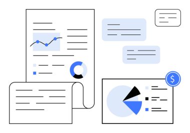 Veri analizini gösteren tablolar, grafikler, raporlar ve finansal sembollü belgeler. Finans, iş, istatistik, strateji planlama araştırmaları için ideal. Düz basit metafor