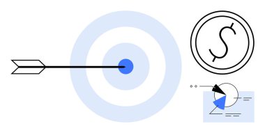 Ok mavi hedefi vuruyor, dolar işaretli para, analitik çizelge. Hedef belirleme, başarı, finans, strateji, iş büyümesi, başarı için ideal düz bir metafor
