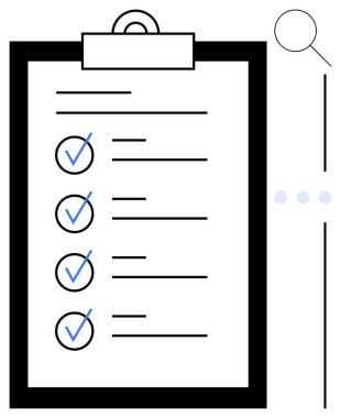 Kontrol listesi ve mavi çekli panoya hassasiyeti simgeleyen büyüteç da eşlik ediyor. Üretkenlik, görev yönetimi, organizasyon, hedef belirleme, değerlendirme, başarı, planlama için ideal