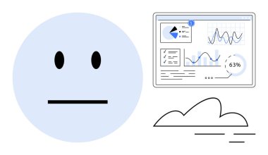 Tarafsız yüz, analitik gösterge panelinin yanında bulut konseptiyle eşleştirilmiş grafikler, çizelgeler ve yüzdeler. Teknoloji, duygu, geri bildirim ve veri analizi için ideal. Düz