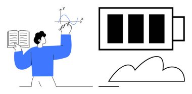 Grafik incelerken elinde kitap tutan kişi enerji ve veri depolamayı sembolize eden bir batarya ikonunun yanında. Eğitim, analitik, sürdürülebilirlik, öğrenme, teknoloji, enerji, yaratıcılık için ideal