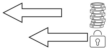 Karşıt veri akış yönlerini gösteren iki büyük ok, para birimini ve finansal değişimi sembolize eden bozuk para yığını ve güvenliği temsil eden bir asma kilit. Finans, siber güvenlik ve veri yönetimi için ideal
