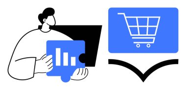 Tablo şeklindeki yapboz parçası alışveriş arabası ikonuyla ekrana bakan, veri güdümlü e-ticaret stratejilerini sembolize eden kişi. Perakende, analiz, teknoloji, pazarlama, planlama, takım çalışması için ideal
