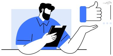 Elinde dosya tutan bir erkek figürü, baş parmağına doğru işaret ediyor. Takım çalışması, değerlendirme, geri bildirim, onay, verimlilik, liderlik desteği için ideal. Düz basit metafor