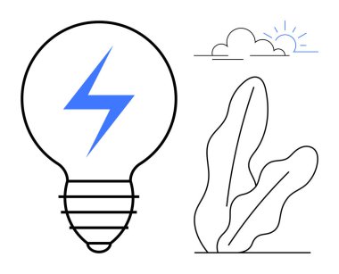 İçinde mavi yıldırım olan ampul, bitki yaprakları ve güneşli bulut. Yenilik, enerji, çevre, sürdürülebilirlik, çevre dostu çözümler, yenilenebilir kaynaklar ve yaratıcılık temaları için ideal