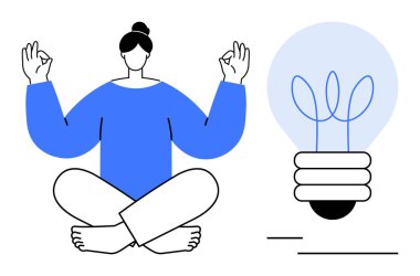 Bacak bacak üstüne atmış, Lotus duruşu yapan biri, parlak ampulün yanında. Farkındalık, yaratıcılık, yenilik, rahatlama, denge, kişisel gelişim meditasyonu konuları için idealdir. Basit düz