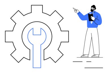 Elinde not panosu olan bir işadamı İngiliz anahtarı şeklindeki büyük vitese bakıyor. Takım çalışması, mühendislik, teknoloji, planlama, problem çözme, yenilik ve geliştirme için idealdir. Düz basit metafor