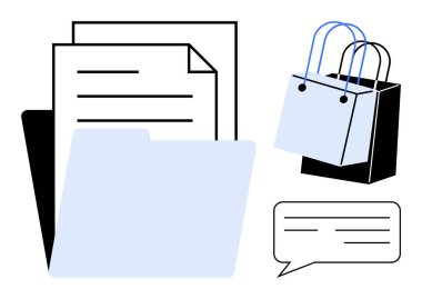 Organizasyonu gösteren belgeler ve klasörler, ticareti vurgulayan alışveriş torbaları ve iletişimi öneren bir konuşma balonu. İş, organizasyon, e-ticaret, mesajlaşma için ideal