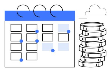 İşaretli tarihli takvim, birikimleri veya gelirleri temsil eden bozuk paralar ve soyut düşünceler için küçük bir bulut. Finans, planlama, zaman yönetimi, üretkenlik, bütçe ve etkinlikler için ideal