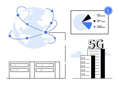 Veri noktaları, sunucu binaları, veri şeması ve 5G gökdelenle bağlantılı bir dünya. Teknoloji, yenilik, ağ, telekomünikasyon, küresel işletme veri analizleri için ideal