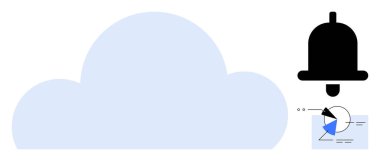 Büyük bulut şekli, siyah uyarı zili ve detaylı pasta grafiği analizleri. Veri depolama, iletişim, bulut hesaplama, alarmlar, istatistik sektörü minimalizmi için ideal. Düz basit metafor