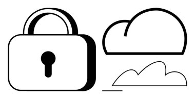 Asma kilit ve bulut simgeleri güvenli bulut depolama ve veri korumasını temsil ediyor. Teknoloji için ideal, siber güvenlik, gizlilik, depolama, çevrimiçi güvenlik, şifreleme, veri güvenliği. Minimalist düz basit