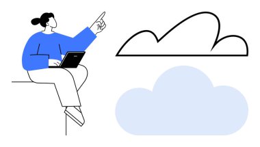 Genç bir kadın dizüstü bilgisayarla oturuyor, soyut bulut şekillerini gösteriyor dijital depolamayı, çevrimiçi erişimi, yeniliği, teknolojiyi simgeliyor. Bulut hesaplama, uzak çalışma, veri, internet teknolojisi için ideal