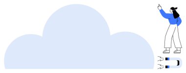 Yakınındaki mıknatısı elementleri çeken büyük bir buluta doğru hareket eden biri. Temalar için ideal bulut hesaplama, depolama, cazibe, bağlantılar, strateji, yenilik, düz basit