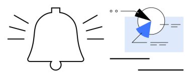 Analitik çizelgenin yanında alarm çizgileri olan çan simgesi dairesel grafik ve oklar içeriyor. Bildirimler, analizler, raporlar, iletişim, bilgi, veri içgörüleri, hatırlatıcılar için idealdir. Düz basit