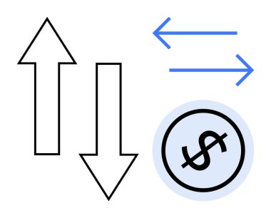 Yukarı ve aşağı oklar, yatay oklar ve işaretlenmiş dolar işareti mali değişimi, işlemleri, kayıpları ya da akışı simgeliyor. Finans, ekonomi ve ticari yatırım ticari para birimi için ideal