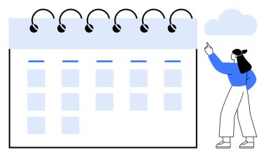 Üzerinde işaretli bölümler ve yukarı bakan bir kadın olan spiral kaplı bir takvim. Zaman yönetimi, etkinlikler, organizasyon, planlama, üretkenlik, zamanlama, düz basit metafor