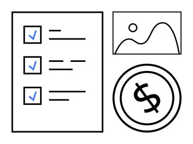 Kene işaretli kontrol listesi, grafik çizelgesi ve dolar simgesi organizasyonu, hedef belirleme ve finans yönetimini simgeliyor. Planlama, üretkenlik, bütçe ve strateji için ideal iş akışı başarısı