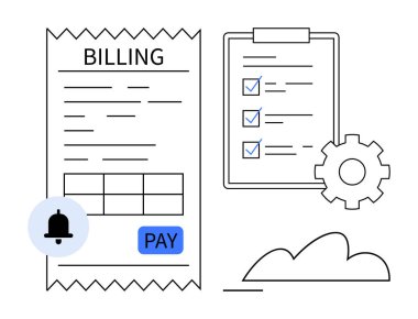 Fatura makbuzu kontrol işaretli ayrıntılı bir listenin yanında, organizasyonu temsil ediyor. Tebligat, teçhizat ve bulut sistem verimliliği içeriyor. Finans ve iş için ideal