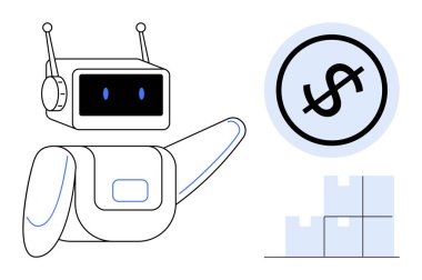 Dolarlı kutuları işaret eden robotlar maliyet tasarrufu lojistik otomasyonunu resmediyorlar. İş, teknoloji, yenilik, finans, tedarik zinciri, e-ticaret için ideal, düz basit metafor