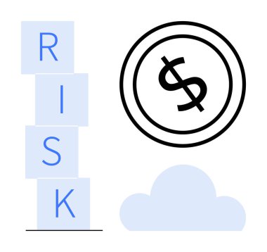 Birikmiş risk blokları, madeni para işaretleri, ve bir bulut finansal risk, yönetim ve karar verme kavramlarını iletir. Finans, iş, analiz, belirsizlik planlama yatırımı için ideal