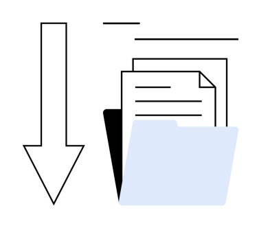 Dosya indirmeyi ve organizasyonu temsil eden açık bir klasörün içindeki istiflenmiş belgeleri gösteren aşağı doğru ok. Dosya aktarımı, veri yönetimi, dijital depolama, bulut hesaplama için ideal