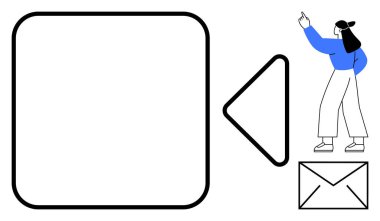 Video oynatıcı sembolü, zarf simgesi ve şekilleri gösteren bir kadın. İletişim, medya, video çağrısı, takım çalışması, e-posta uzaktan çalışma bağlantısı için ideal. Düz basit metafor